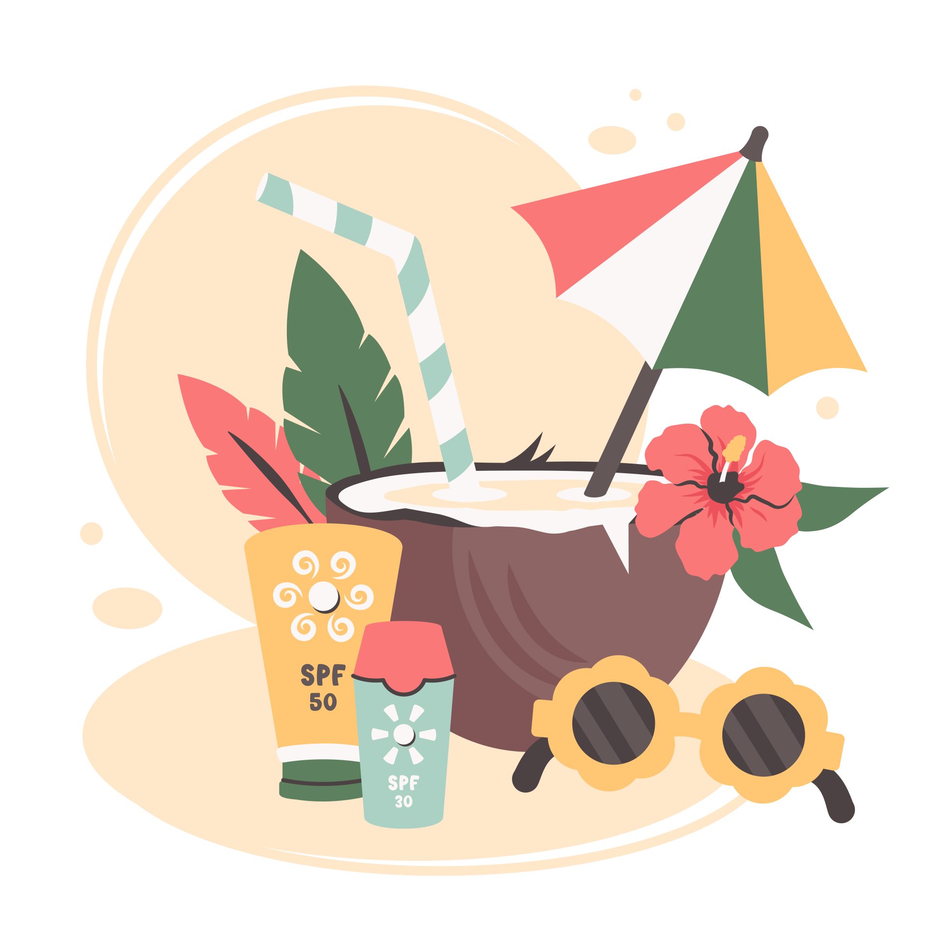 cool summer cocktail in coconut tropical beach drink with umbrella, straw, exotic flower vector