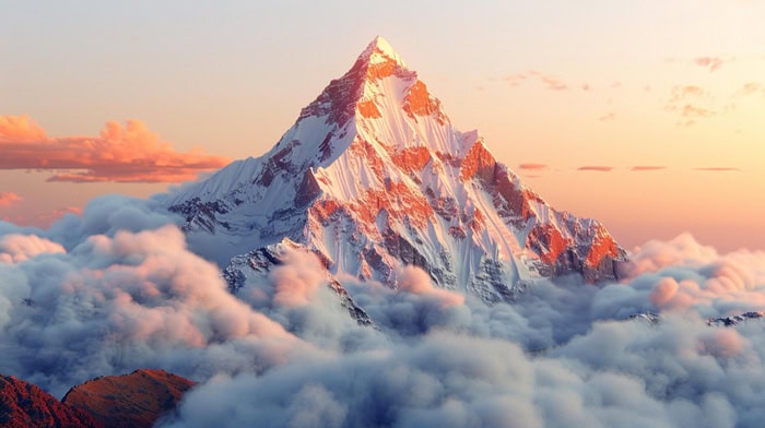 Image d'une montagne enneigée au-dessus des nuages, symbolisant l'ascension vers des défis et la sortie de la zone de confort.